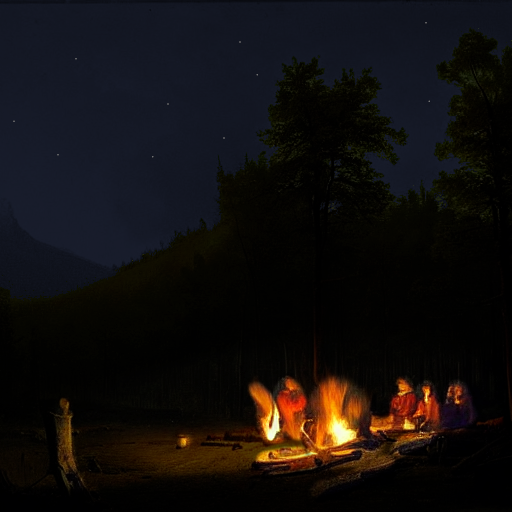 Nos aventuriers se reposant autour d'un feu de camp à la nuit tombée